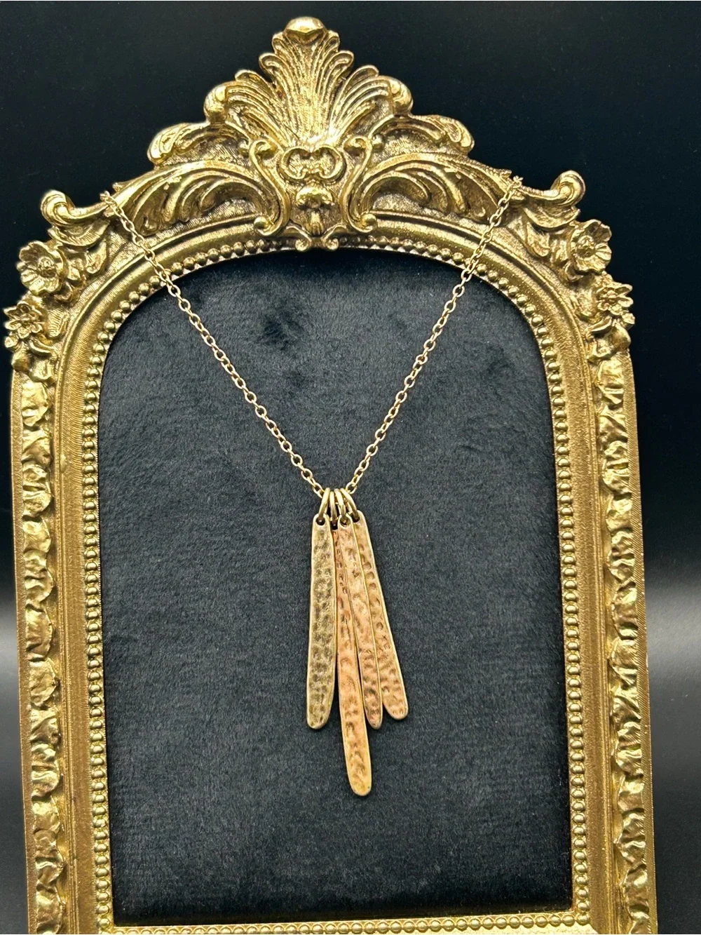 Chico's Gold Tone Hammered Multi-Pendant Necklace, Organic Stick Fringe